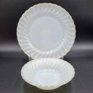 Vintage Anchor Hocking Fire King Dinner Plate And Bowl White Gold Rim Milk Glass